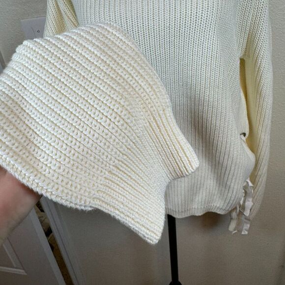 Sundance White Cable Knit Cotton Side Lace Detail Crew Neck Sweater Size Large - Picture 3 of 8